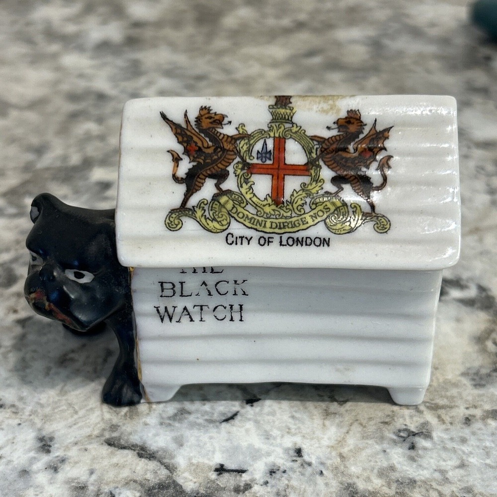 Antique Vintage Crested Heraldic China Figure Black‎ Bull Dog City Of London